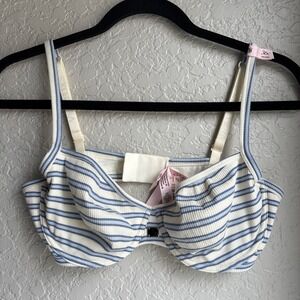 Victoria's Secret Unlined Demi 36C Bra Blue White Striped Ribbed T-Shirt